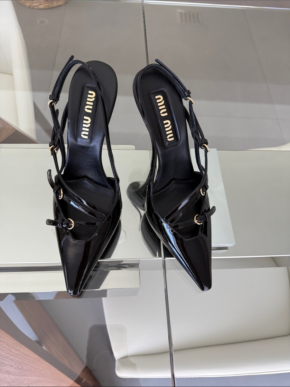 Miu Miu Black Patent Pointed Slingback Heels with Gold Buckles